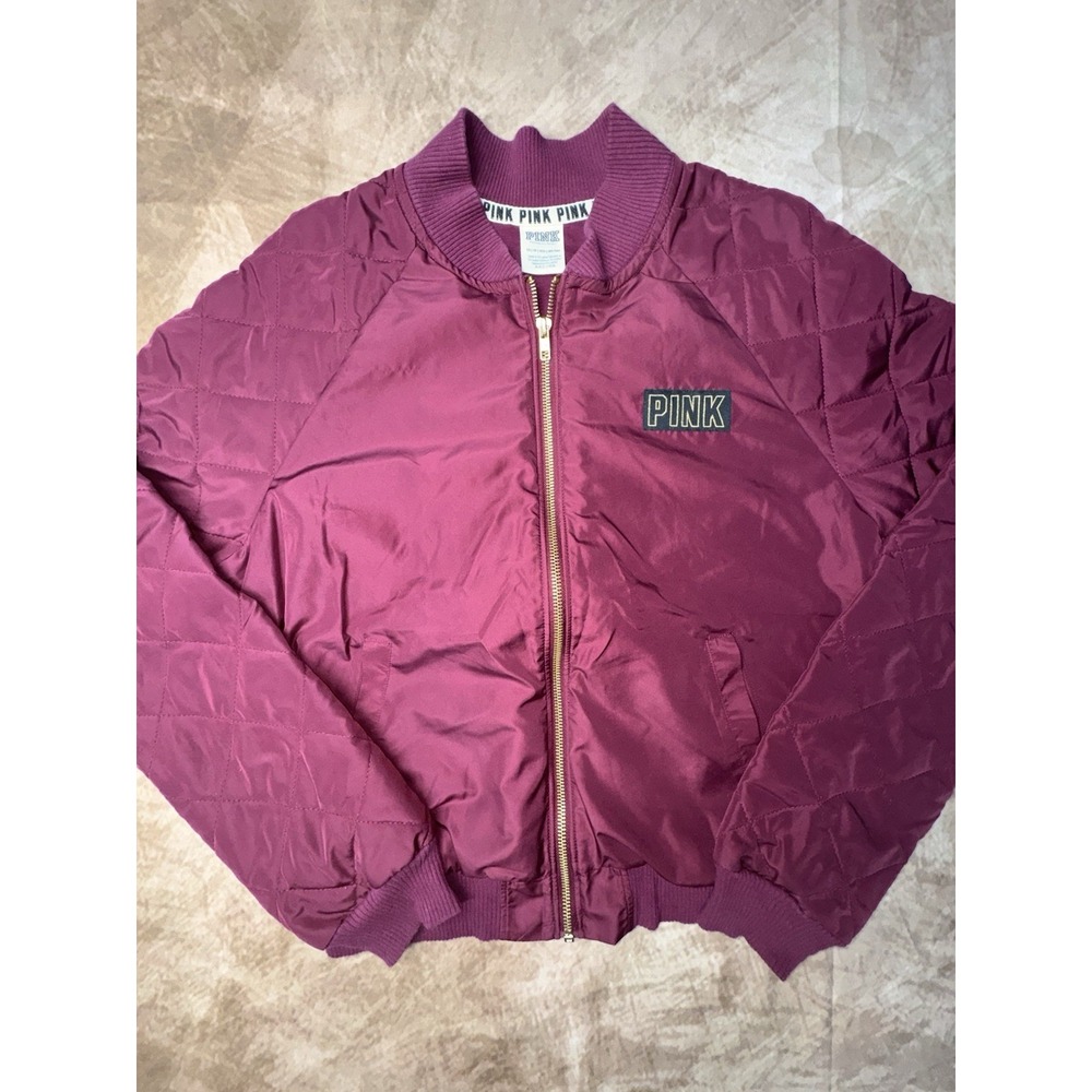 PINK Victorias Secret Women XS Burgundy Full Zip Large Logo Bomber Jacket